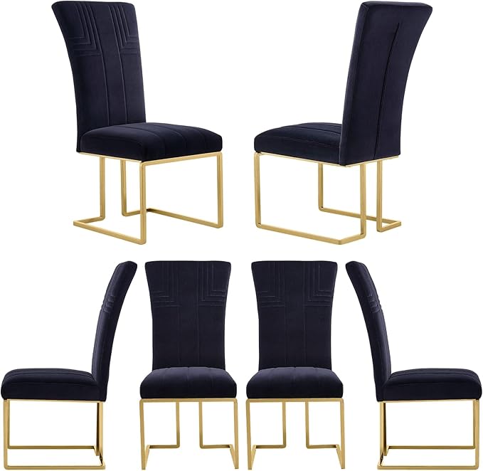 AUZ Dining Chairs Set of 6, Black and Gold Velvet Upholstered Dining Chairs with High Back and Polished Stainless Steel Sled Legs