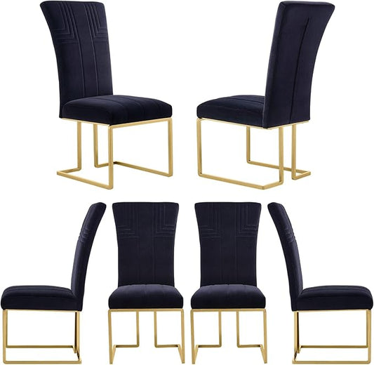 AUZ Dining Chairs Set of 6, Black and Gold Velvet Upholstered Dining Chairs with High Back and Polished Stainless Steel Sled Legs