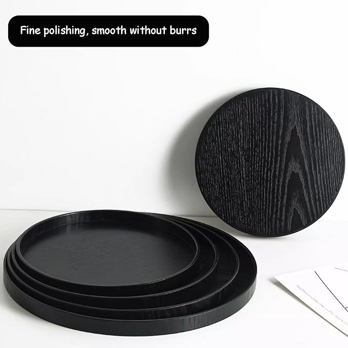 Round Wood Serving Tray, Solid Wooden Decorative Tray Non-Slip Tea Coffee Table Tray Snack Plate Food Meals Serving Tray with Raised Edges for Home Decor Kitchen Restaurant(10.6inch, Black)