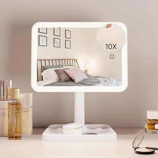 FUNTOUCH Rechargeable Lighted Mirrors for Makeup, 2000mAh, 10X Magnification/3 Color Lighting Portable Tabletop Cosmetic Make Up Mirror, 360° Rotation Led Light up Mirrors with Storage,White