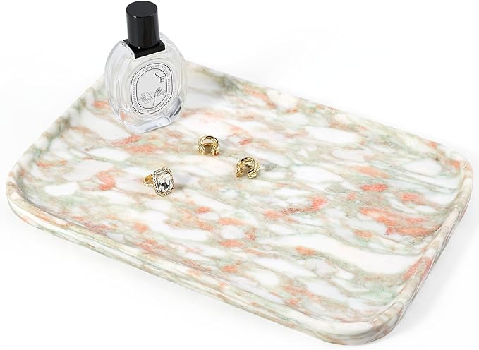 Koville Marble Tray, 12"x8" Marble Vanity Tray for Bathroom Kitchen Countertop, Rectangular Stone Tray for Cosmetics Perfume Trinket, Decorative Catchall Trays (Rosso Norvegian)