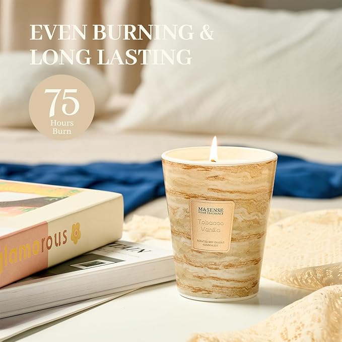 M&SENSE Tobacco Vanilla Scented Soy Candle, 3 Wick Highly Scented 14.1 Oz 80H, Aromatherapy Christmas Gift for Women and Men