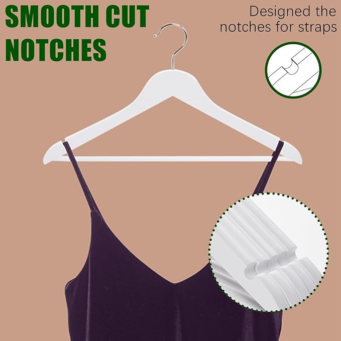 Amber Home White Wooden Hangers 30 Pack - Coat Hangers With Non-Slip Pant Bar for Shirts, Jackets, Dress