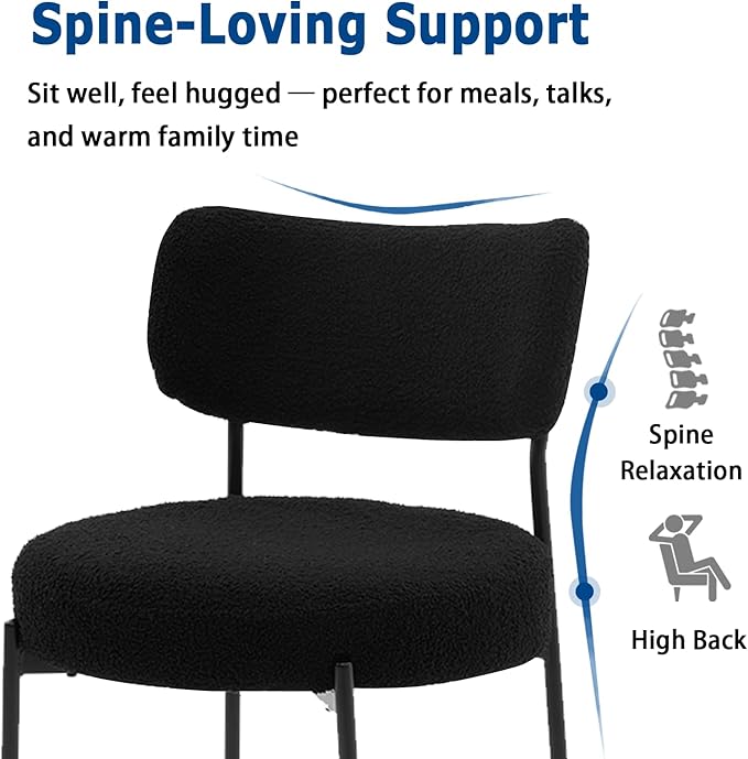 Black Boucle Dining Chairs Set of 6, Upholstered Dinner Chair with Metal Frame, Dining Room Chairs with Padded Seat, Round Modern Seating for Living Room