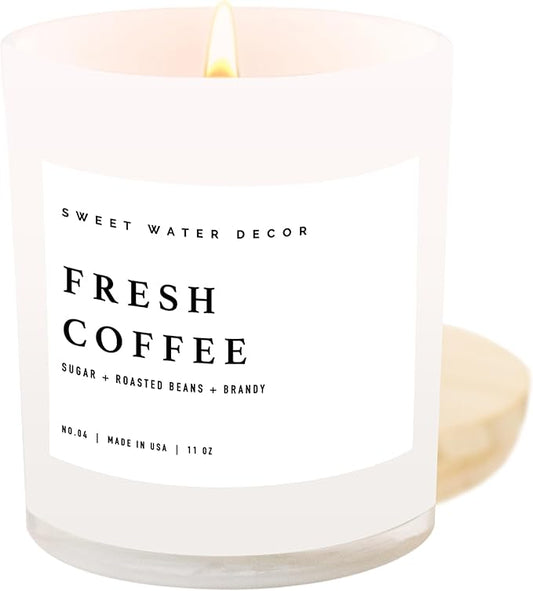Sweet Water Decor Fresh Coffee Candle - Kona Coffee, Mocha Latte, Caramel Creme Scented Soy Candles for Home - 11oz White Jar with Wood Lid, 50+ Hour Burn Time, Made in The USA