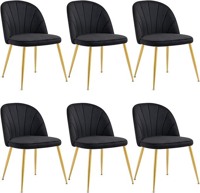 Velvet Dining Chairs Set of 6, Upholstered Mid Century Modern Dining Room Chairs, Armless Accent Chair with Metal Gold Legs for Living Room, Kitchen, Dining, Black