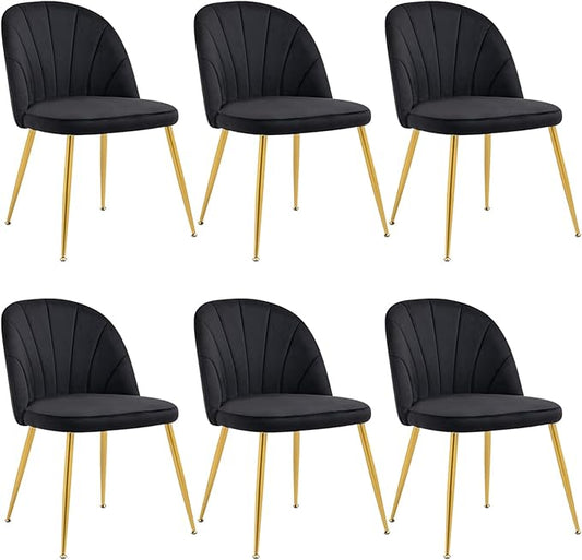 Velvet Dining Chairs Set of 6, Upholstered Mid Century Modern Dining Room Chairs, Armless Accent Chair with Metal Gold Legs for Living Room, Kitchen, Dining, Black