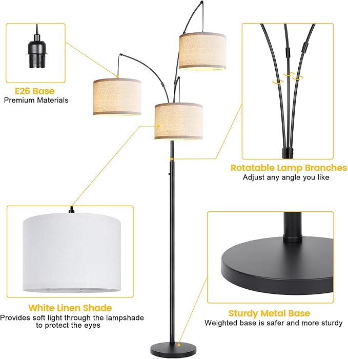 Dimmable Floor Lamp - 3 Lights Arc Floor Lamps for Living Room, 1000LM Modern Tall Standing Lamp with White Shades & Heavy Base, Mid Century Tree Floor Lamp for Bedroom Office, 3 LED Bulbs Included