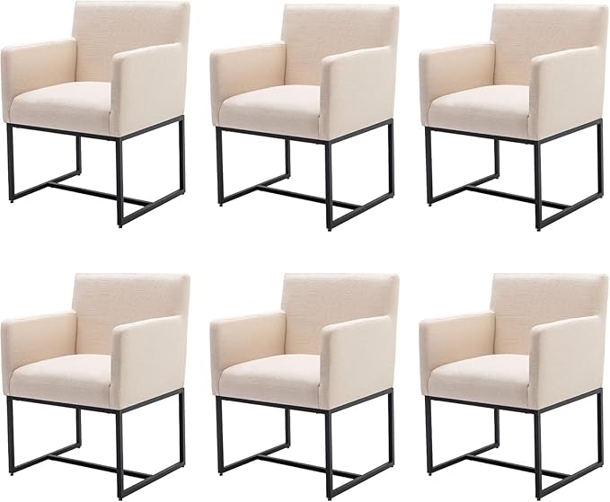 Linen Upholstered Dining Chairs with Arms Set of 6 Mid Century Modern Accent Chairs Armchairs with Black Metal Frame, Modern Kitchen & Dining Room Chairs, Cream