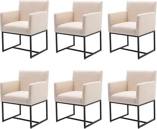Linen Upholstered Dining Chairs with Arms Set of 6 Mid Century Modern Accent Chairs Armchairs with Black Metal Frame, Modern Kitchen & Dining Room Chairs, Cream