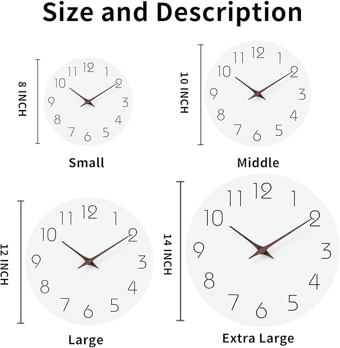 Mosewa Wall Clock 14 Inch White Silent Non Ticking Battery Operated Simple Minimalist Wooden Clock Decorative for Kitchen Bathroom Home Bedroom Living Room Office