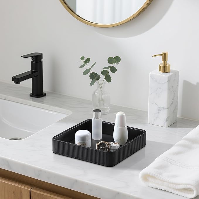 Small Valet Tray, 8"x8" Nightstand Organizer for Women Men| PU Leather Desk Organizer Trinket Dish| Decorative Vanity Tray Catch All Key Bowl for Dresser Bedside Coffee Table Entryway (Black)