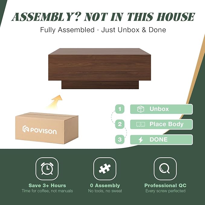 POVISON Modern Square Coffee Table with Storage, 35.43" Wood Coffee Table for Living Room Table Walnut, Fully Assembled