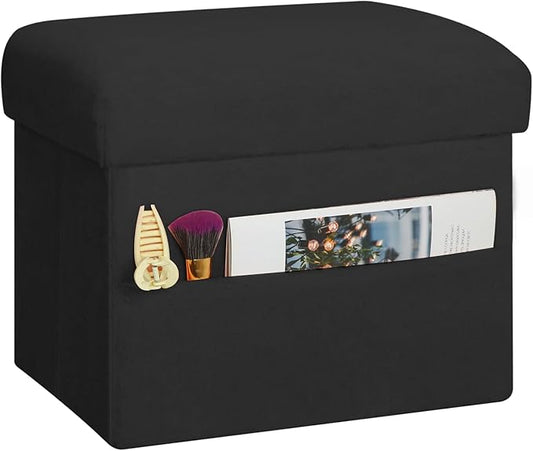 Small Ottoman with Storage, Folding Foot Rest Stool with Thicker Furry Padded Seat. Soft Fur Storage Ottoman Bench for Bedroom Living Room, Holds Up to 300 lbs, 17x13x13IN (Black)