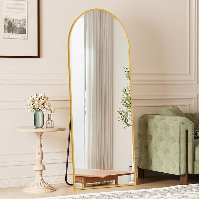 Arched Full Length Mirror, 64" x 21" Arch Floor Mirror with Stand, Full Length Wall Mirror Hanging or Leaning Arched-Top Full Body with Stand for Bedroom, Dressing Room, Gold