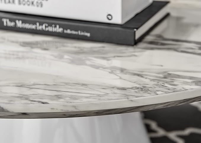 Furniturebox UK Coffee Table - Palma Round Coffee Table - Contemporary Minimalist Coffee Table with Tapered Central Pillar - White Marble-Effect Finish - Living Room Furniture