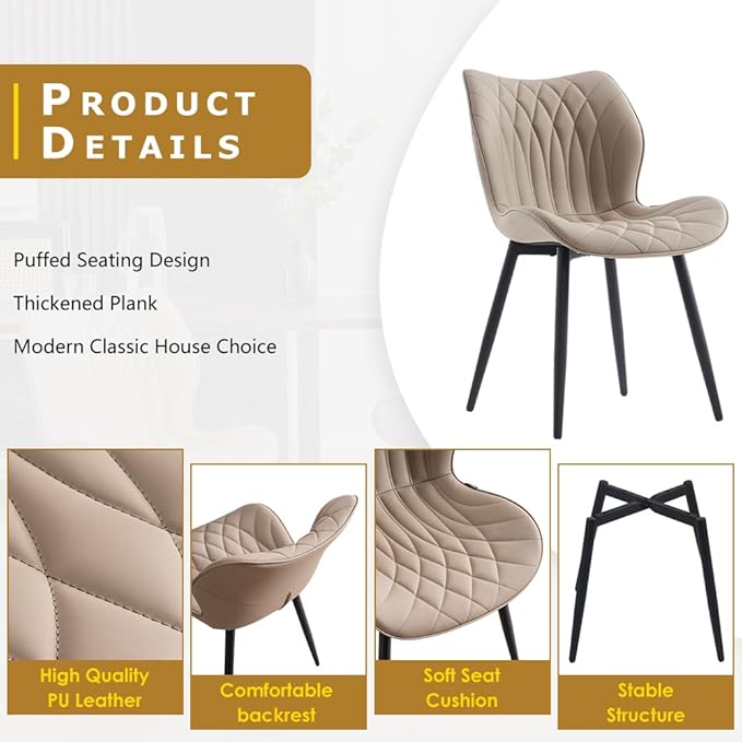 Kidol & Shellder Dining Chairs Set of 2 Modern Kitchen Chairs with Back Armless Accent Chairs for Living Room Upholstered Faux Leather Chair Mid Century Comfy Side Chair with Metal Legs, Khaki