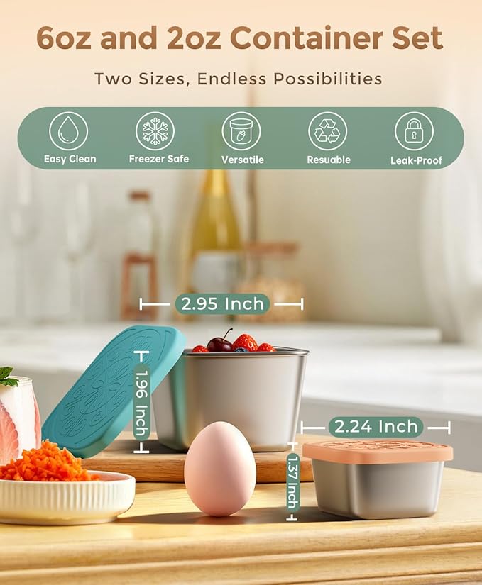 6 Pack 6oz Stainless Steel Snack Containers and 2oz Salad Dressing To Go Containers with Silicone Lids, Reusable Square Meal Prep Condiment Sauce Containers Lunch Box Accessories