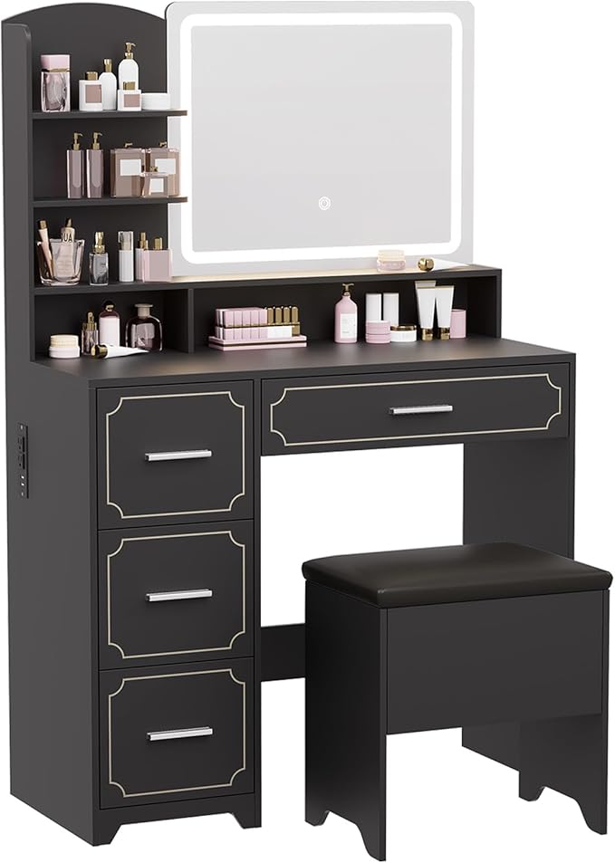 Vanity Table with LED Mirror & Power Outlet - 5 Open Shelves, 4 Drawers - Includes Padded Stool - Ideal Bedroom Makeup Dressing Table （Black）
