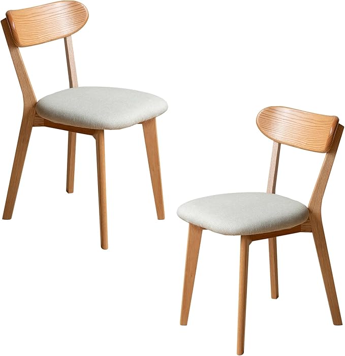 Set of 2 Solid Wood Dining Chairs,FAS-Grade North American Oak, Ergonomic Curved Backrest & Pear White Thick Upholstered Seats,Oak Padded Dining Chairs for Heavy People,Easy Assembly