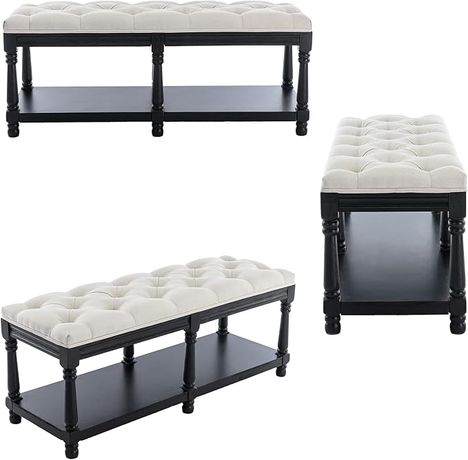 DUOMAY Mid-Century Tufted Storage Bench with Shelf, Linen Upholstered Farmhouse Entryway Shoe Bench Ottoman Bed End Stool for Bedroom Living Room Dining Room, Black Wood Frame, White