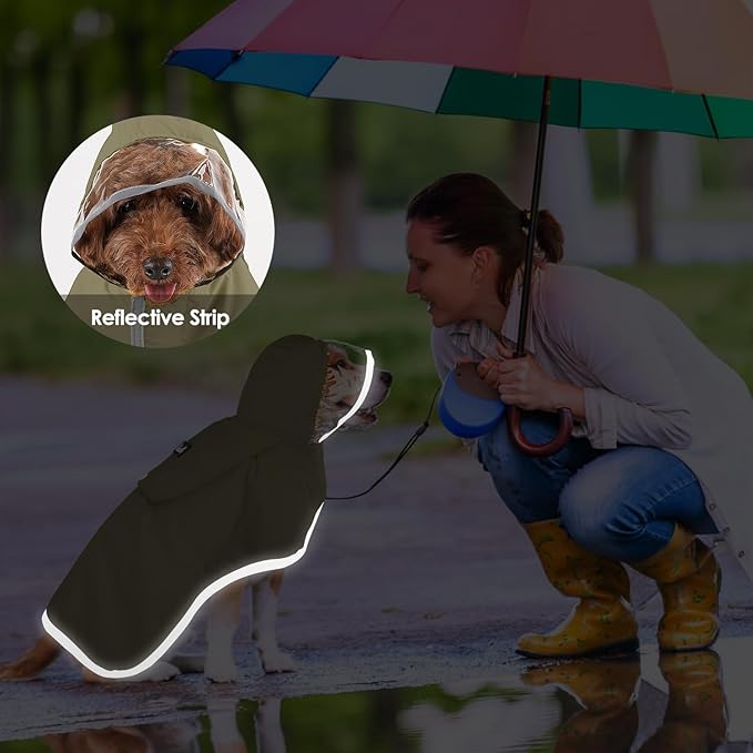 Lukovee Dog Raincoat - Lightweight Hooded Dog Rain Coat for Large Medium Small Dogs, Adjustable Poncho Jacket with Reflective Stripes & Built-in Storage Pocket (Green, Medium)