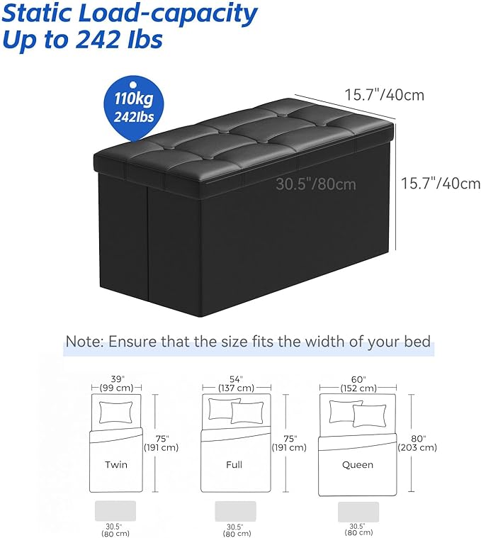 BRIAN & DANY 30 Inches Storage Ottoman Bench, Faux Leather Ottoman with Storage, Folding Bench Shoe, Foot Rest Stool, for Living Room, Black