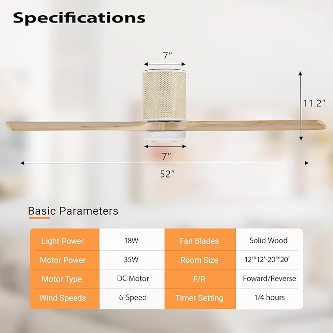 52" Ceiling Fan with Light - Low Profile Flush Mount Ceiling Fan, 6-Speed Remote Control, Solid Wood, Quiet Reversible DC Motor, Boho Style, for Bedroom, Living Room, Porch, Light Oak/White