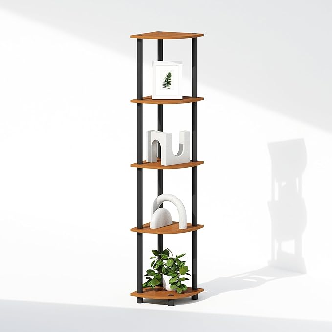 Furinno Turn-N-Tube Storage Shelves, 5-Tier Book Shelf, Corner Shelf, Toolless Open Shelves, for Organization and Storage, Living Room, Home Office, Hallway, Bedroom, Light Cherry