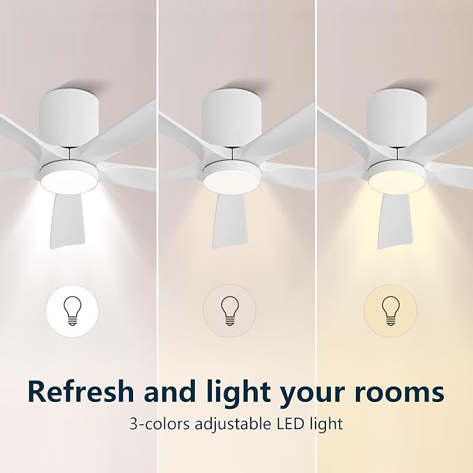 ELEHINSER 52 inch Low Profile Ceiling Fan with Light, 5 Solid Wood Blades, 6-Speeds, Quiet DC Motor, Timer, Flush Mount Modern Ceiling Fan with Remote for Living Room Bedroom, White