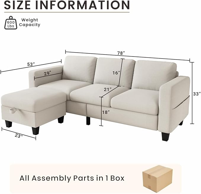 Sectional and Sofa Couches for Living Room, Linen 3-Seat L-Shaped Sofa with Storage Ottoman, Pet-Friendly Washable Fabric, Convertible Couches for Small Apartments, Bedroom, Office