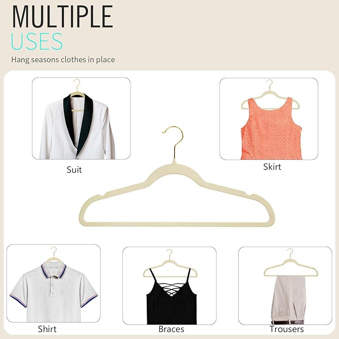 ManGotree Velvet Coat Hangers with 360° Swivel Gold Hook, Non-Slip Felt Suit Hangers, Slim Space Saving Clothes Hanger for Jacket, Sweater, Shirt, Dress, Pants (36 Pack, Beige)