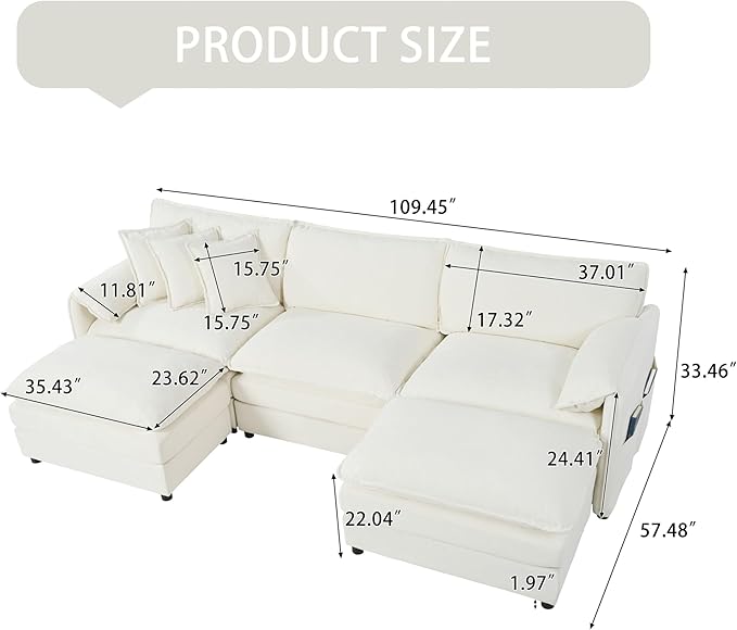 109.45" Oversized Extra Deep Seat Modern Chenille Cloud Couch, Large 3 Seater U Shape Modular Sofa for Living Room,Bedroom,Apartment,Office (White, 109.45 Inch-U Shape)