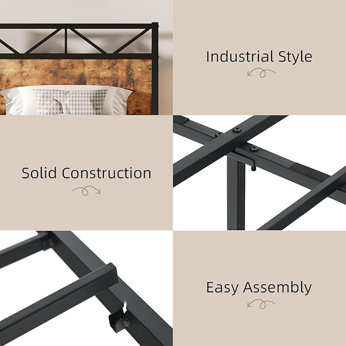 Twin Size Bed Frame with 51.2" Tall Headboard and Footboard, Platform Bed Frame with Metal Support, Solid and Stable, Noise Free, No Box Spring Needed, Rustic Brown