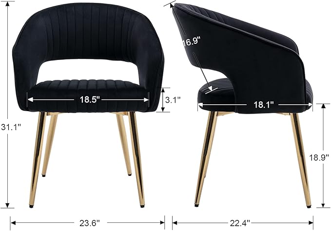 Modern Black Velvet Dining Chairs Set of 8, Upholstered Gold Dining Room Chairs with Tufted Back, Accent Armrest Kitchen Chairs with Gold Legs for Dining Room Reception