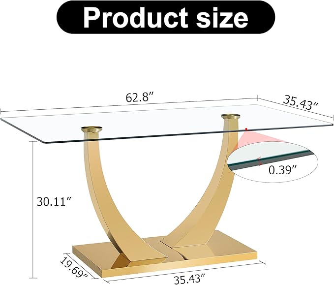 Modern Gold Dining Table for 6-8,Rectangular Glass Dinner Table with Tempered Glass Tabletop and Golden Plating Metal U-Shaped Pedestal for Kitchen Dining Room (Gold5)