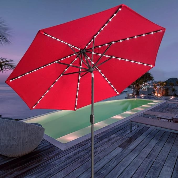 EliteShade USA 10-Year-Non-Fading Solar 9ft Market Umbrella with 80 LED Lights Patio Umbrellas Outdoor Table Umbrella with Ventilation, Logo Red