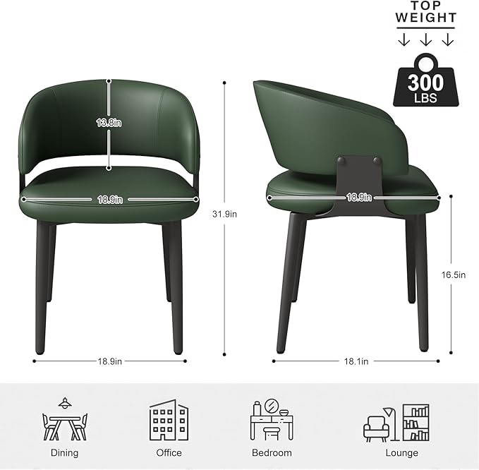 Modern Dining Chairs Set of 6, Faux Leather Upholstered Kitchen Chairs with Curved Back and Metal Legs, Mid Century Chairs for Dining Room, Kitchen, or Café (Green)