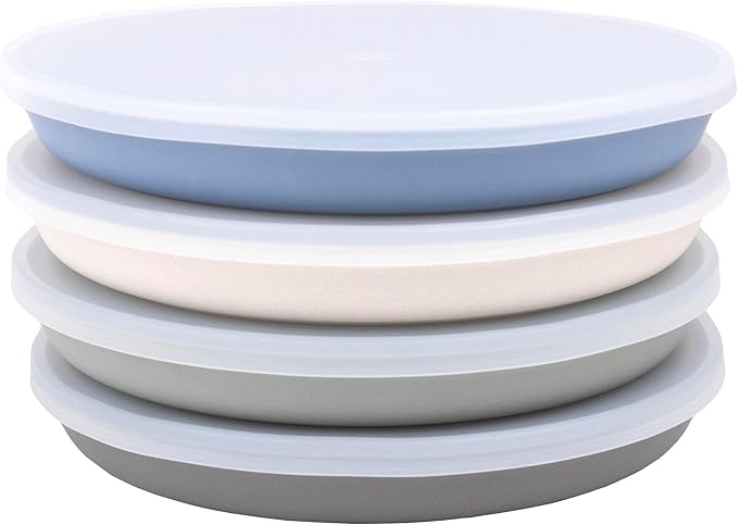 WeeSprout Bamboo Plates with Silicone Lids, Set of 4, Kid-Sized Dinnerware, Cereal, Leftovers & Snacks, Dishwasher Safe Melamine Dishware (Blue, Green, Gray, & Beige)