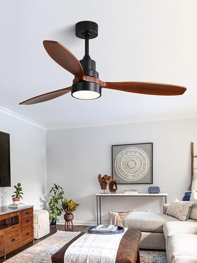 Sofucor Ceiling Fan with Lights and Remote, 52 inch Modern LED Ceiling Fan with 3 Wood Blades and 3 Black Downrods, for Indoor Bedroom Living Room Outdoor Patio Porch, Reversible, Quiet and Powerful