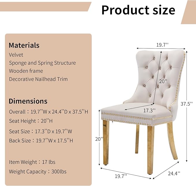 Luxury Upholstered Dining Chairs Set of 6, Beige Kitchen Chair with Golden Metal Legs, Velvet Tufted Back Dining Chair, Sillas de Comedor, Modern Kitchen & Dining Room Chairs (Beige, 6 Pcs)