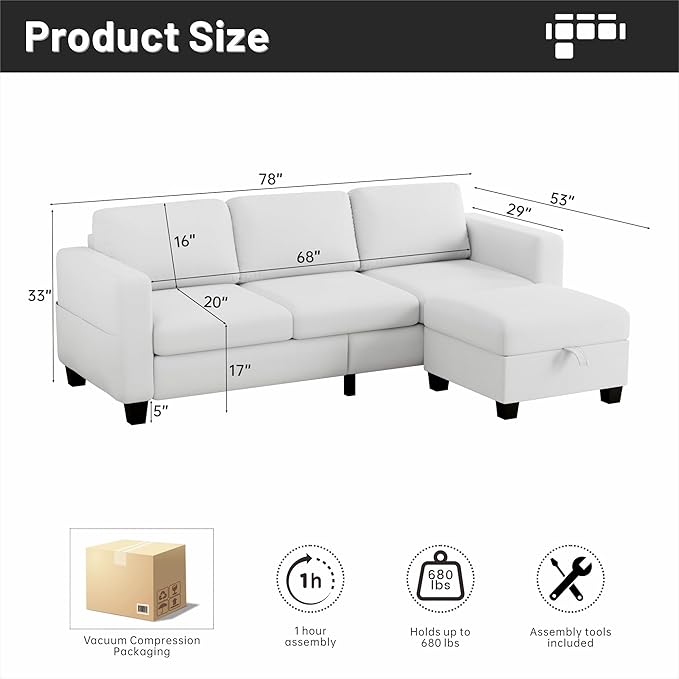 Sectional Sofa Couches for Living Room - 78''Convertible Modular Three-Seater L-Shaped Pet-Friendly Couch,Washable Sofa Cover-Bench Storage, Suitable for Small Living Room, Apartment,Office-White