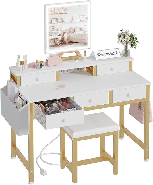 White Makeup Vanity Desk with Lights - 40 inch Girls Vanity Set with Mirror and Chair, Make Up Dresser Table with Drawers and Power Outlet for Bedroom Small Space, White and Gold