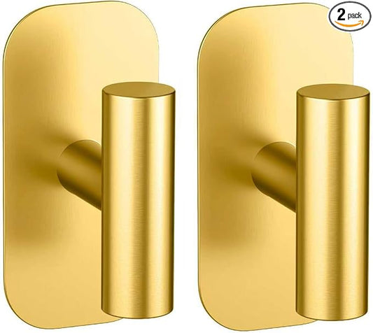 Adhesive Towel Hooks for Shower,Waterproof Heavy Duty Bathroom Hooks,Wall Mounted Sticky Hangers for Coats/Aprons/Robes,No Drilling(Gold,2 Pack)