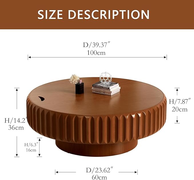 39.4" Drum Coffee Table with Storage Modern Unique Fluted Tea Table Contemporary Round Coffee Table with Fluted Center Table for Small Space Apartment (39.4in)