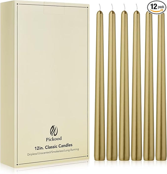 New Burning Formula Unscented Dripless 12-Inch Taper Candles Set of 12 - Gold, for Wedding, Dinner - Smokeless, Long Burning - Hand Poured, Colored Tall Candlesticks - Oro