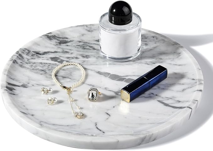 Marble Tray, White Bathroom Countertop, Decorative Serving Tray for Kitchen Counter and Coffee Table, Round Vanity Trays for Skincare and Perfume, Italian Statuario Natural Marble, 11.8