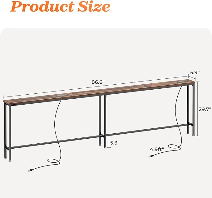 SUPERJARE 86.6 Inch Sofa Table with 2 Power Outlets and USB-C Ports, 5.9 Inch Narrow Console Table with Storage, Long Entryway Hallway Couch Table Behind Sofa, Small Spaces, Living Room, Rustic Brown