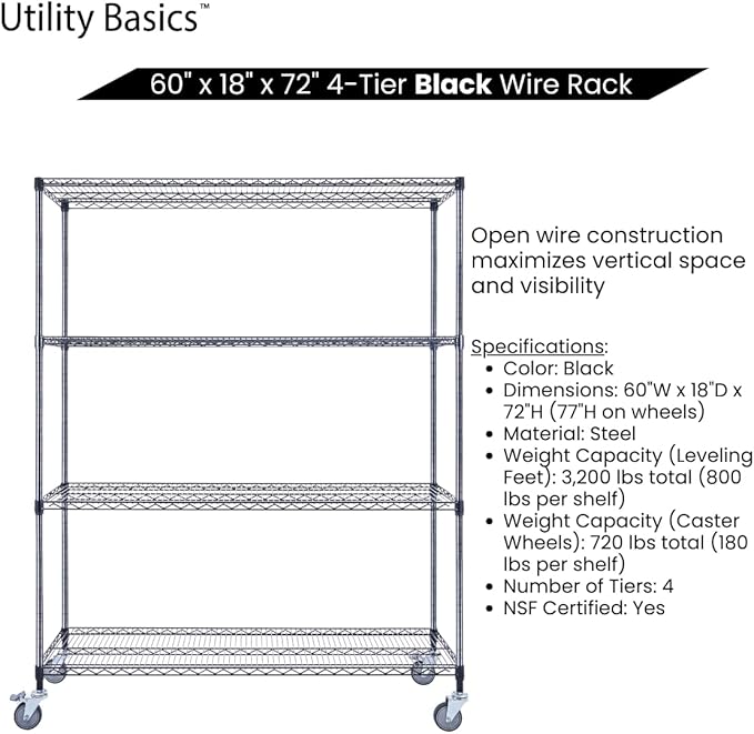 NSF Commercial 4-Tier Wire Shelving with Wheels, 60"x18"x72" Heavy Duty Metal Shelves 3200 lbs Max Capacity, Black Storage Rack for Garage Kitchen Pantry Warehouse