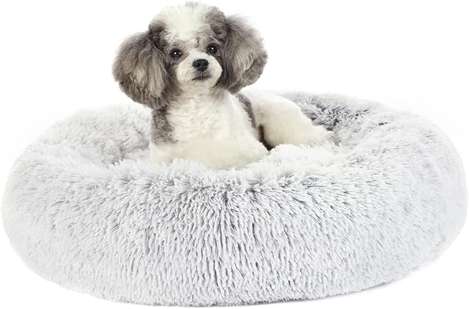 Bedfolks Calming Donut Dog Bed, 23 Inches Round Fluffy Dog Beds for Small Dogs, Machine Washable Anti-Anxiety Plush Puppy Bed（Light Grey, Small）
